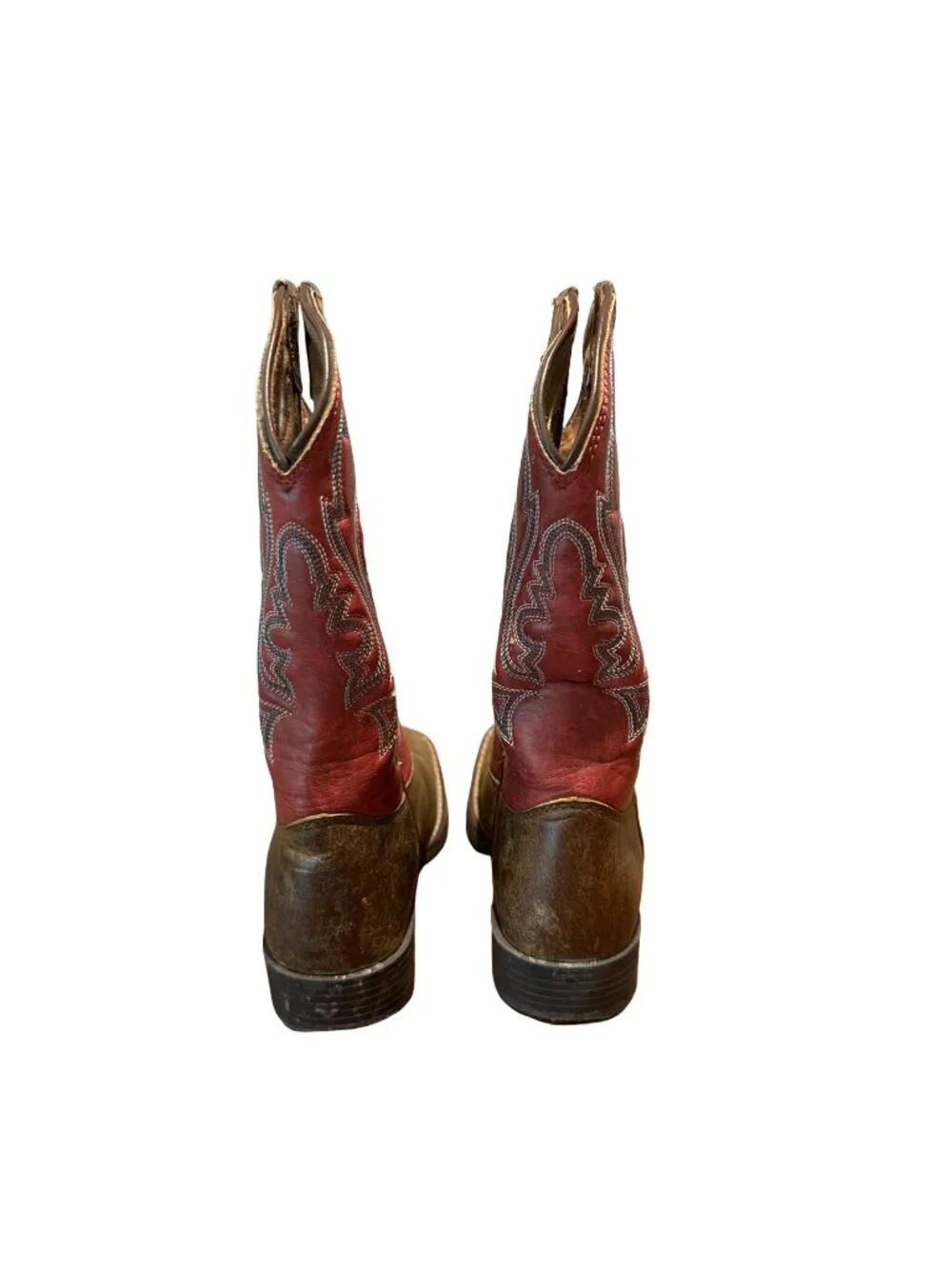 Justin Kids Cowboy Boots Brown Red Leather Square Toe Western Youth Size 11.5